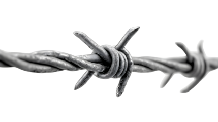 ro shot of sharp barbed wire strand on a white background