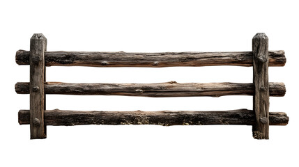 Rustic split rail wooden fence with three weathered horizontal logs isolated on a clean white background