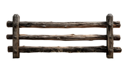 Rustic split rail wooden fence with three weathered horizontal logs isolated on a clean white background