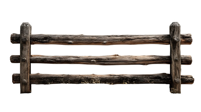 Rustic split rail wooden fence with three weathered horizontal logs isolated on a clean white background