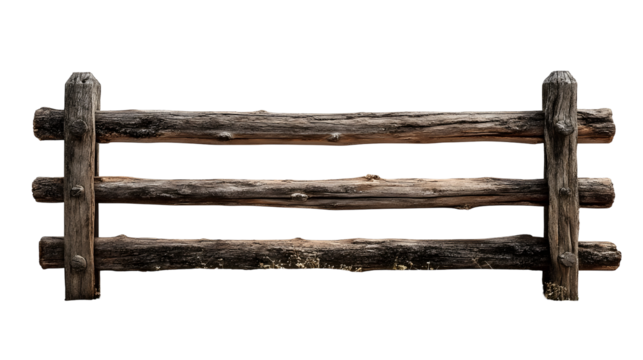 Rustic split rail wooden fence with three weathered horizontal logs isolated on a clean white background