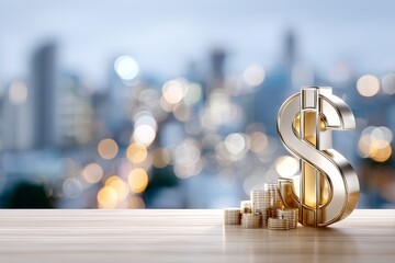 A large golden dollar sign stands beside neatly stacked coins on a wooden surface. The city skyline is blurred in the background during twilight, creating a focused scene