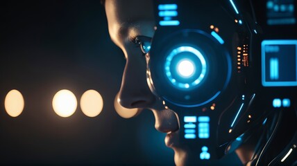 Close up futuristic female cyborg with glowing blue eye and digital interface symbolizing artificial intelligence and advanced technology