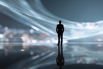 A person stands alone, observing swirling patterns of light and data. This immersive setting showcases innovations in artificial intelligence and interaction