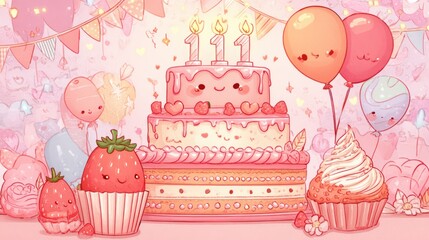 Festive birthday cake illustration with balloons cupcakes and party decorations