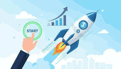 Conceptual illustration of a business startup launch with a rocket blasting off into a sky with clouds, a hand pressing a 'START' button, and a financial growth chart indicating success and progress