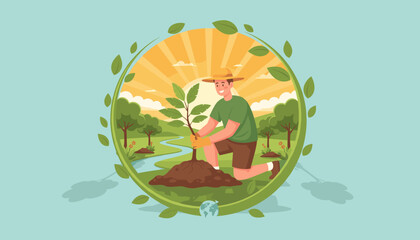 Vibrant illustration of a man wearing a straw hat and gloves, kneeling to plant a young tropical tree in fertile soil, surrounded by lush greenery, a winding river, and a radiant sunrise, symbolizing