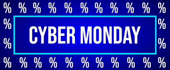 Blue Cyber ​​Monday banner with percentage signs and the message 