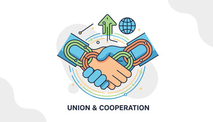 Abstract vector illustration symbolizing union and cooperation through a handshake, with interconnected chain links, an upward trending arrow, and a globe, representing global business partnerships