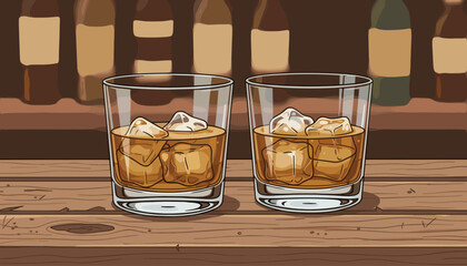 Two glasses of amber whiskey filled with ice cubes sit on a rustic wooden bar top, with blurred bottles in the background, evoking a classic bar atmosphere and the enjoyment of a fine spirit.