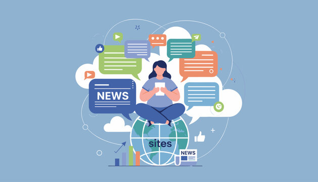 Vector illustration in flat style depicting a woman sitting on a globe, surrounded by speech bubbles and news icons, symbolizing global news and social network communication, with charts and graphs
