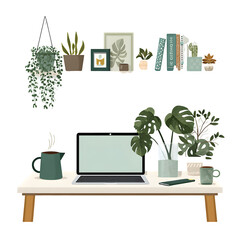 Minimalist home office with plants isolated on transparent background