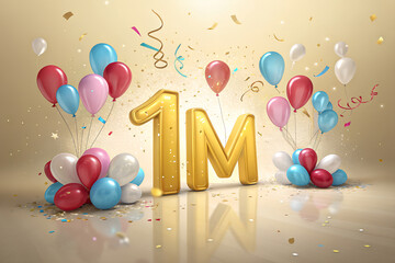 Spectacular Celebration Background with Golden 1M Milestone Balloon, Confetti, and Vibrant Balloons for Social Media Success and Anniversary Achievement