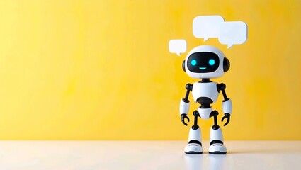 Cute Chatbot Robot with Speech Bubbles on Yellow Background