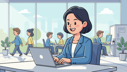 Cheerful Asian businesswoman with short black hair, wearing a blue suit jacket, actively typing on a laptop at her desk in a bright, modern office environment with large windows overlooking a