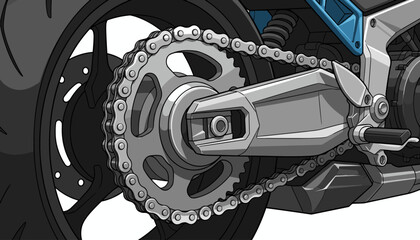 Detailed close-up illustration of a shiny motorcycle chain and sprocket system, showcasing the intricate mechanical components and the powerful drive train of a modern motorbike, emphasizing
