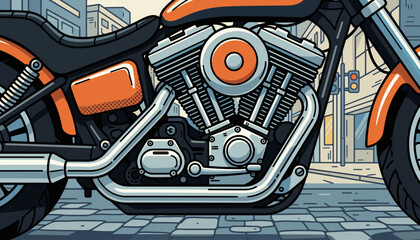 Detailed close-up illustration of a powerful motorcycle engine with chrome exhaust pipes, set against a stylized urban street background with buildings and a traffic light, featuring vibrant orange