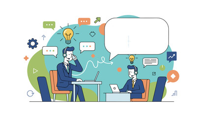 Vibrant vector illustration depicting two male customer service representatives wearing headsets and suits, actively engaged in communication and problem-solving, surrounded by abstract shapes