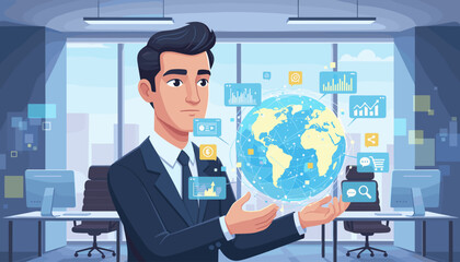 A focused businessman in a suit holds a glowing holographic projection of the Earth, surrounded by digital data, charts, and icons, symbolizing global business, technology, and network connections in