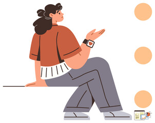 Confident individual seated, wearing a smartwatch and gesturing casually. Ideal for lifestyle, casual interaction, communication, technology, style, relaxation and self-expression themes. Simple