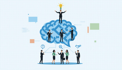 Diverse business professionals collaborating and brainstorming ideas within a stylized brain graphic, symbolizing teamwork, innovation, and problem-solving in a modern corporate environment with a