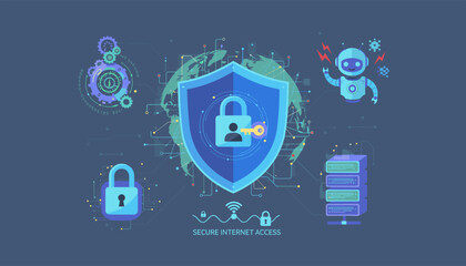 Digital cyber security concept with a shield, lock, key, robot, servers, and global network connections, representing secure internet access and data protection in a vibrant, modern illustration.