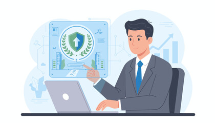 Concept of compliance in business, a businessman using a laptop and interacting with a digital interface displaying a shield with an upward arrow, symbolizing growth and security, alongside building