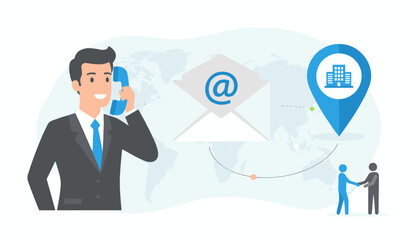 Global business communication concept with a smiling businessman on the phone, an email icon, a location pin with a building, and two people shaking hands on a world map background, representing