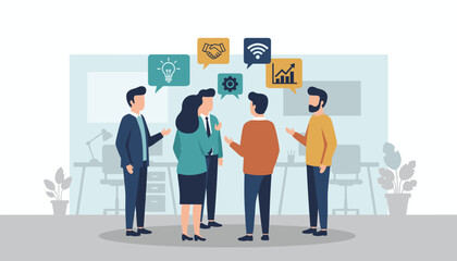 Diverse group of professionals engaged in a dynamic business discussion, brainstorming ideas, and collaborating on projects within a modern office setting, symbolizing teamwork, innovation, and