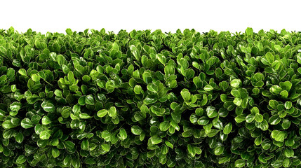 A detailed close up view of a lush green dense hedge with glossy leaves isolated against a clean white background