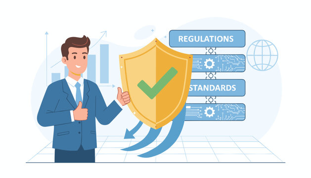 Business professional giving a thumbs up next to a golden shield with a green checkmark, symbolizing compliance with regulations and standards, with charts and a globe in the background, representing