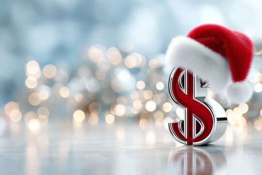 A dollar sign adorned with a red and white Santa hat sits against a blurred background of twinkling lights, capturing the festive spirit of holiday shopping and spending