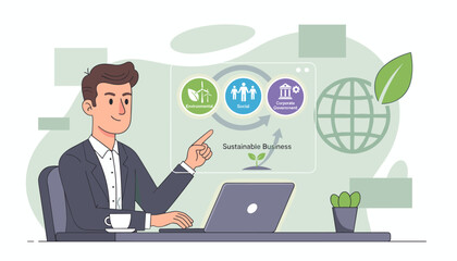 Illustrative depiction of a businessman pointing to a diagram explaining the ESG concept: Environmental, Social, and Corporate Governance, symbolizing sustainable business practices and global