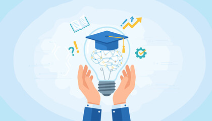 Conceptual illustration of e-learning and graduate certificate programs, featuring a lightbulb containing a brain and graduation cap, held by hands, symbolizing knowledge acquisition and educational