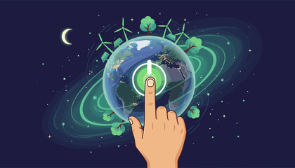 A human finger presses a glowing green power button superimposed on a nighttime view of planet Earth, symbolizing the activation of sustainable energy and environmental consciousness, with wind