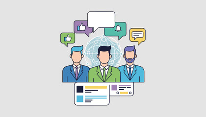 Modern flat illustration of three diverse businessmen in suits discussing social network news and updates, with speech bubbles, likes, notifications, and a global network graphic symbolizing