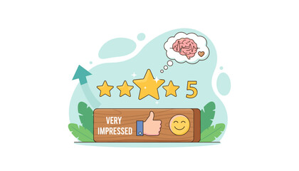 Vivid illustration of a five-star rating system with a thumbs-up icon and a happy face, signifying a positive customer review and excellent feedback, alongside a thought bubble showing a brain with a