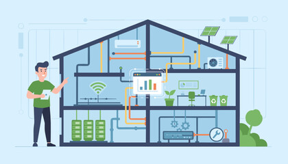 Modern smart home concept illustration, showing a cross-section of a house with integrated technology, solar panels, air conditioning, data servers, and a person interacting with a tablet