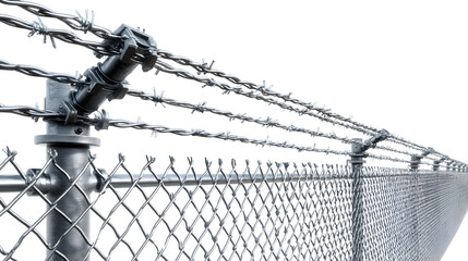 A chain link fence topped with multiple strands of barbed wire extends into the distance against a white background symbolizing security and