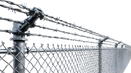 A chain link fence topped with multiple strands of barbed wire extends into the distance against a white background symbolizing security and