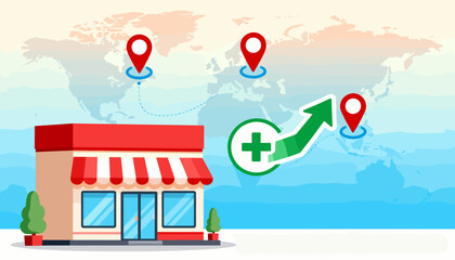 Franchise business store shop concept with investment growth arrow and location pins on world map, representing expansion and global reach, ideal for business strategy and retail development themes.