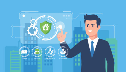 Business professional interacting with a futuristic interface displaying an emergency preparedness plan concept with icons for learning, preparation, emergency response, and team situation