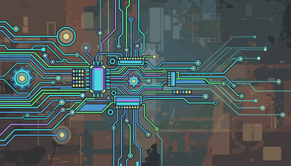 Abstract futuristic electronic circuit board illustration with glowing neon lines and intricate connections, symbolizing technology, data flow, and digital innovation on a textured grunge background