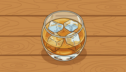 A top-down view of a clear glass tumbler filled with amber-colored whiskey and four ice cubes, resting on a warm, textured wooden surface with visible grain patterns, creating a classic and inviting