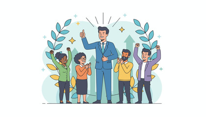 A diverse group of business professionals celebrates success with a leader giving a thumbs-up, surrounded by laurel branches and upward-trending arrows, symbolizing teamwork and achievement in a