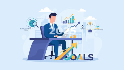 Businessman analyzing global economic trends and business growth charts for 2025 goals, vision, and opportunities, symbolizing strategic planning and future success in a modern office setting with