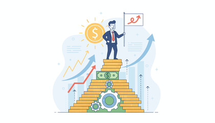 A triumphant businessman stands atop a pyramid of gold coins and banknotes, holding a flag with an upward trending arrow, symbolizing financial success, profit, and compound interest growth, with