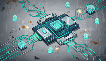Futuristic electronic circuit board with glowing cyan lines and components, representing technology and data flow, set against a textured, grunge background with sparks and binary code, symbolizing