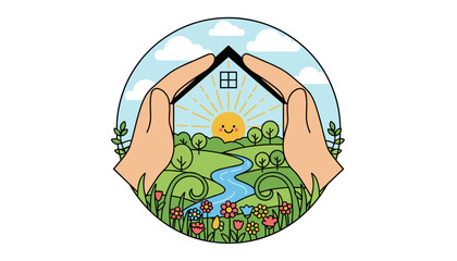 Hands forming a protective house shape over a vibrant, sun-drenched landscape with a smiling sun, a winding river, lush green hills, colorful flowers, and fluffy clouds, symbolizing home, safety