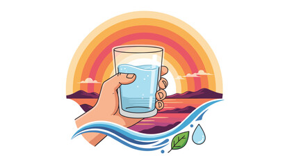 Close-up of a hand holding a clear glass filled with fresh, clean water, set against a vibrant sunset landscape with rolling hills, a calm body of water, and a colorful rainbow arching across the